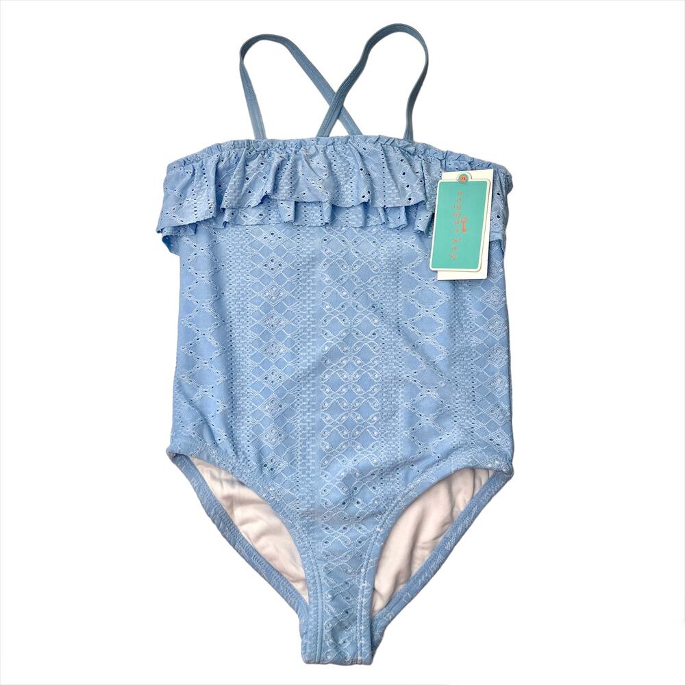 GIRLS Ruffled Lace One Piece Blue Swimming Suit – Size 6